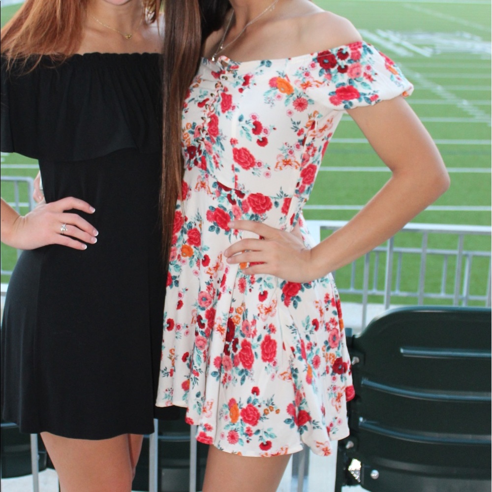 Dress-white with flowers, off or on shoulder